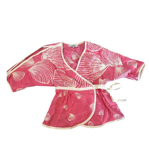 Vintage Tibi Women's Pink White Silk Printed Wrap Blouse Top Size 0 - Picture 2 of 13